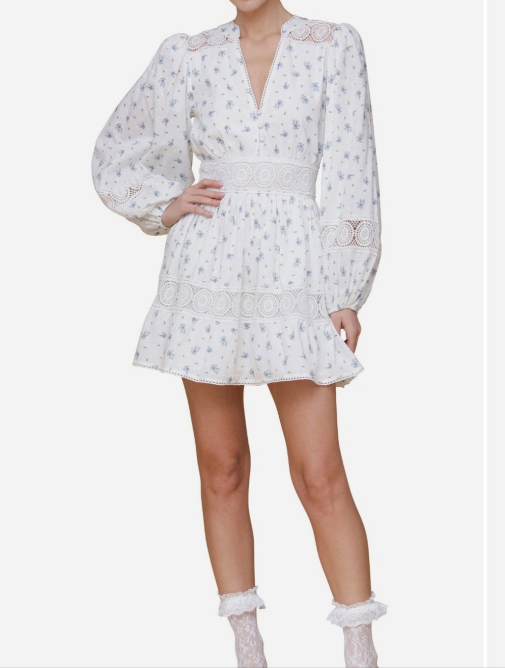 Avec Les Filles White Dress with Blue Floral Lace Accents